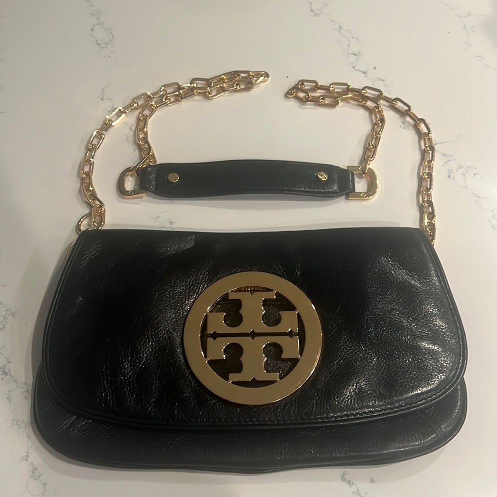 Tory Burch black purse with gold removable strap
